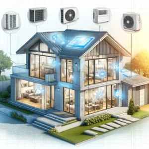 DALL·E 2024 05 18 14.02.02 A detailed illustration of a modern house equipped with a central air conditioning system. The house is shown from the outside with visible air condi