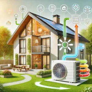 DALL·E 2024 07 23 21.28.10 A detailed illustration of a modern home with a heat pump system set in a summer environment. The illustration should show the exterior of the house