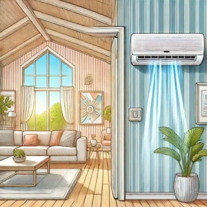 DALL·E 2024 08 24 14.24.50 A detailed and friendly illustration for a blog post about home air conditioning. The illustration shows the interior of a modern home with a visible