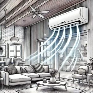 DALL·E 2024 08 25 10.56.36 A detailed black and white illustration related to air conditioning in a modern home. The image should show a home interior with a visible air conditi