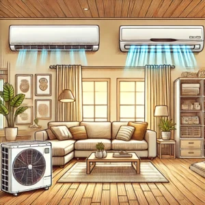 DALL·E 2024 08 27 10.54.40 A friendly detailed illustration for a blog post about choosing the right air conditioning system for your home. The image should depict a modern hom