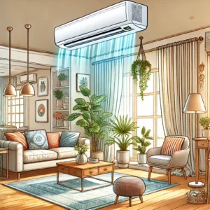 DALL·E 2024 08 28 20.36.42 A detailed and inviting illustration for a blog post about the benefits of modern home air conditioning. The image should show a cozy home interior wi