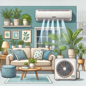 DALL·E 2024 09 06 17.35.47 A detailed and friendly illustration for a blog post about the health benefits of air conditioning in the home. The image should show a comfortable ho